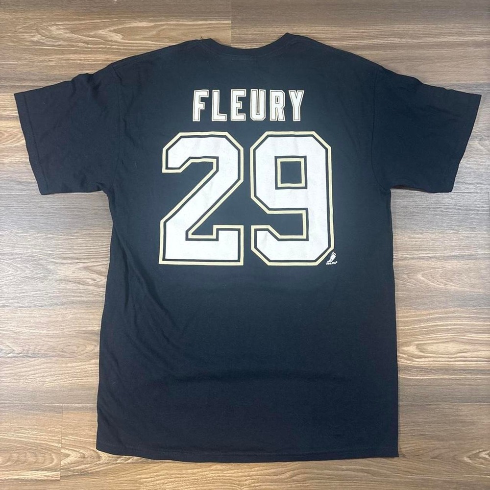 Reebok Pittsburgh Penguins Fleury #29 black t-shirt with white text and logo